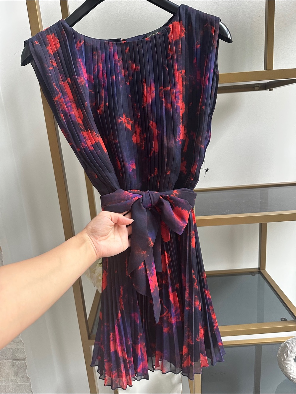 House of Harlow 1960 Navy Pleated Mini Dress with Red Accents